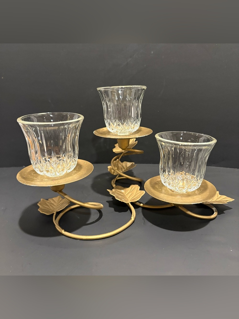 Home Interiors Gold Leaf Three-Arm Glass Votive Holder